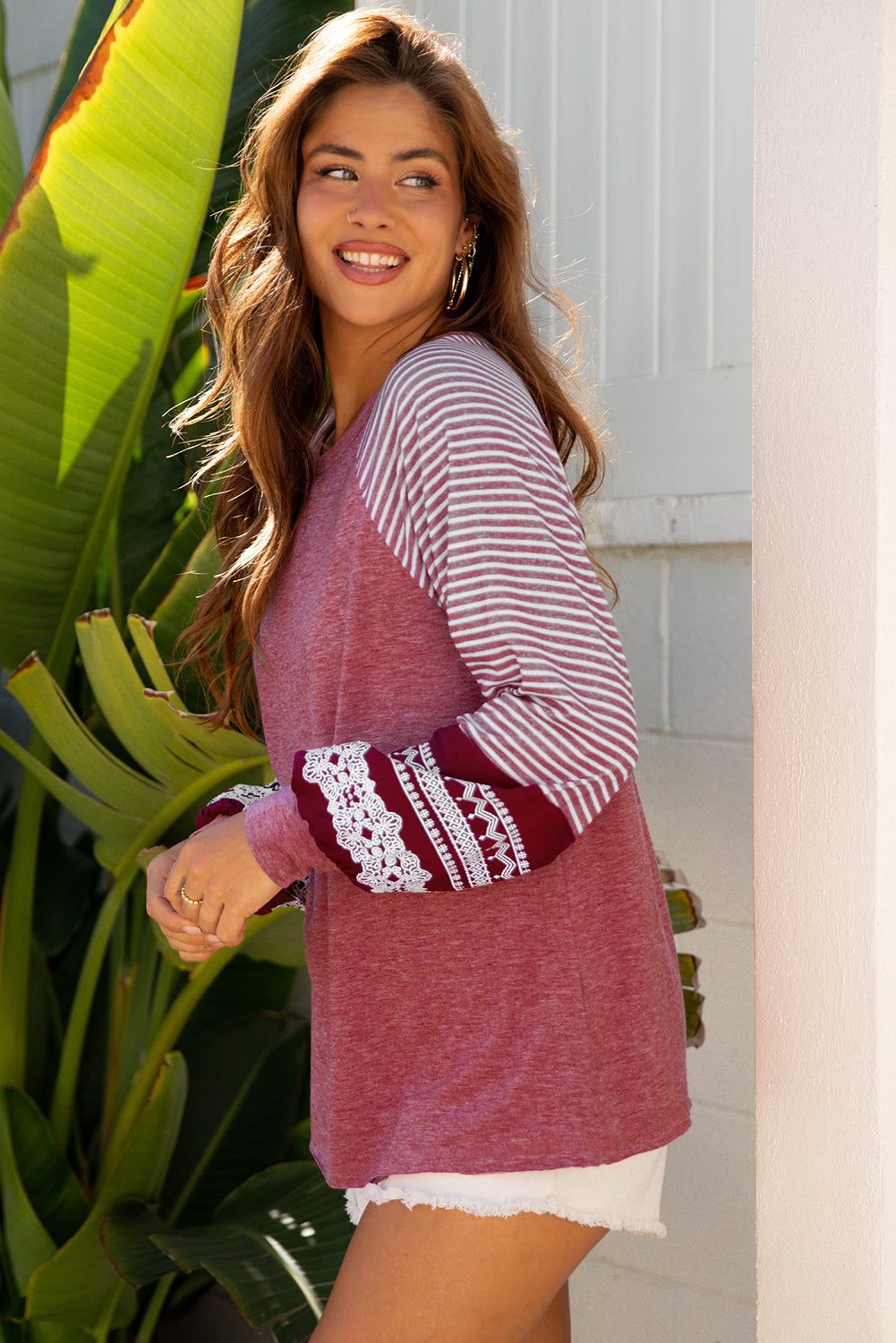 Contrast Print Striped Raglan Long Sleeve Loose Top