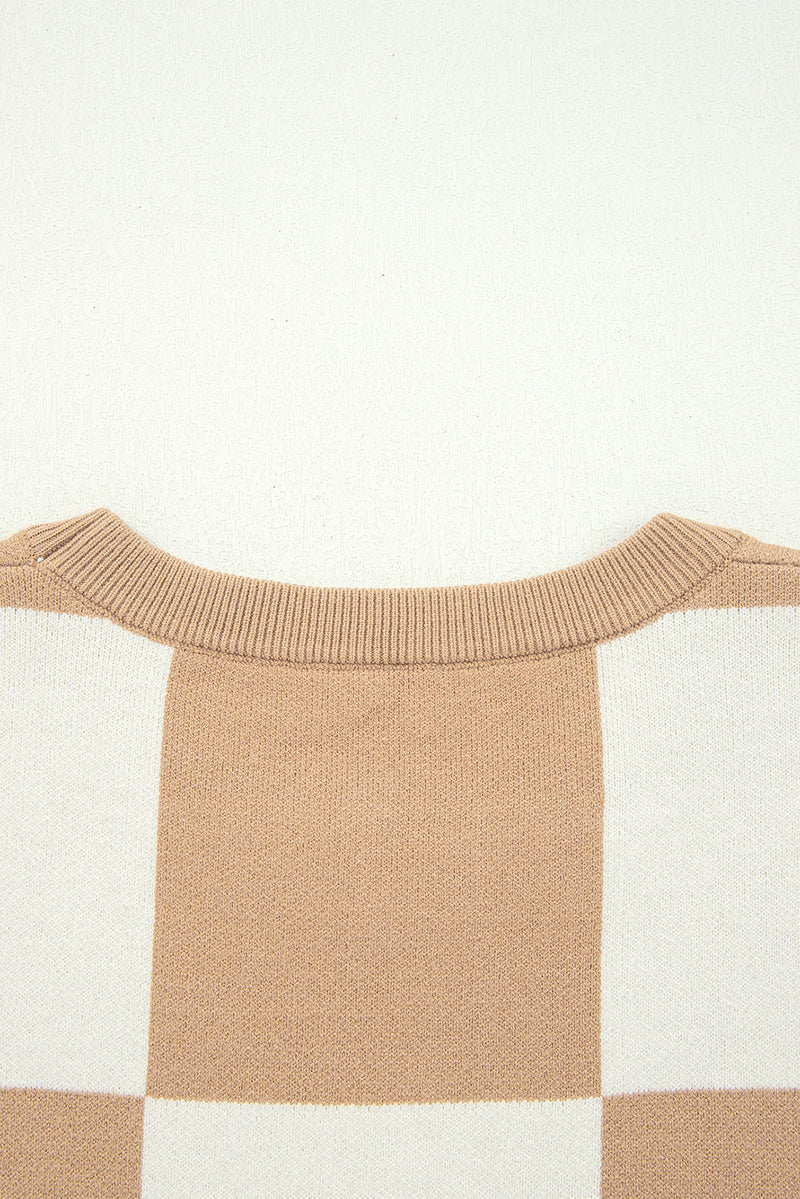 Checkered Pattern Loose Drop Shoulder Half Sleeve Sweater