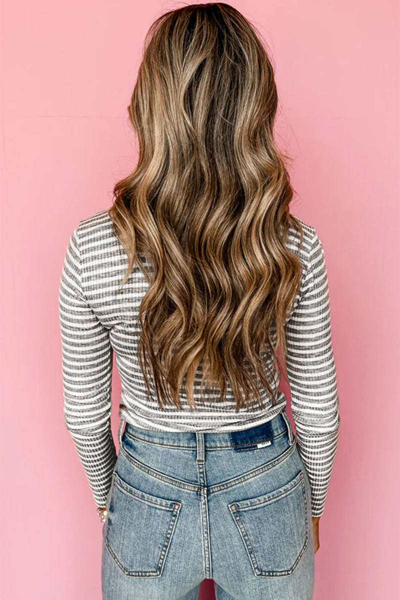 Stripe Ribbed High Neck Slim Fit Long Sleeve Top