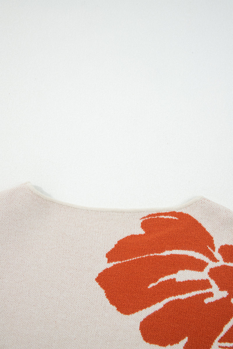 Cinnamon Brown Bold Flower Pattern Wide Sleeve Baggy Sweater