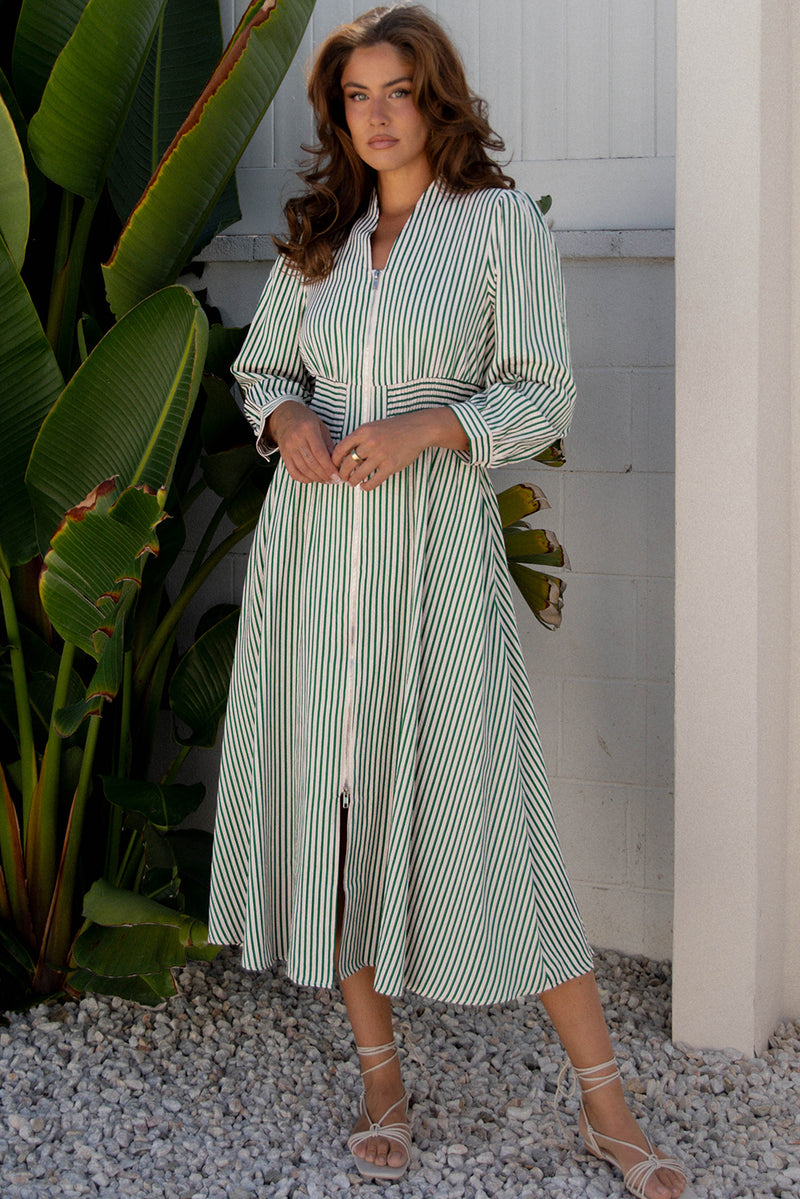Stripe V Neck Zip Front Cinched High Waist Midi Dress