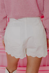 White Scalloped Hemline Acid Wash High Waist Denim Shorts