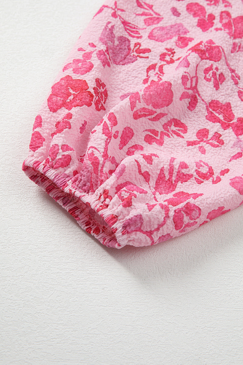 Floral Puff Sleeve Split Neck Lightweight Blouse