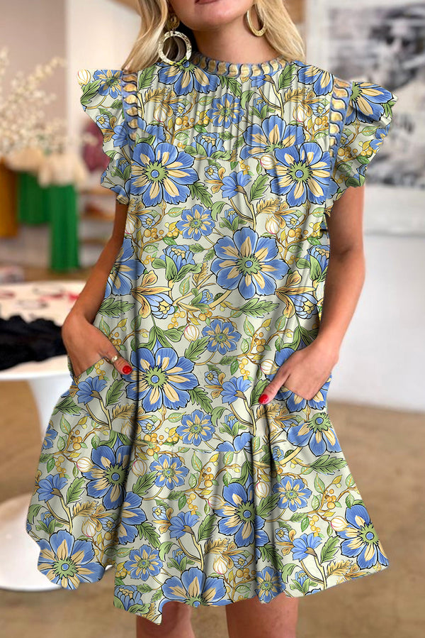 Spinach Green Botanical Floral Print Pleated Ruffle Detail Short Dress