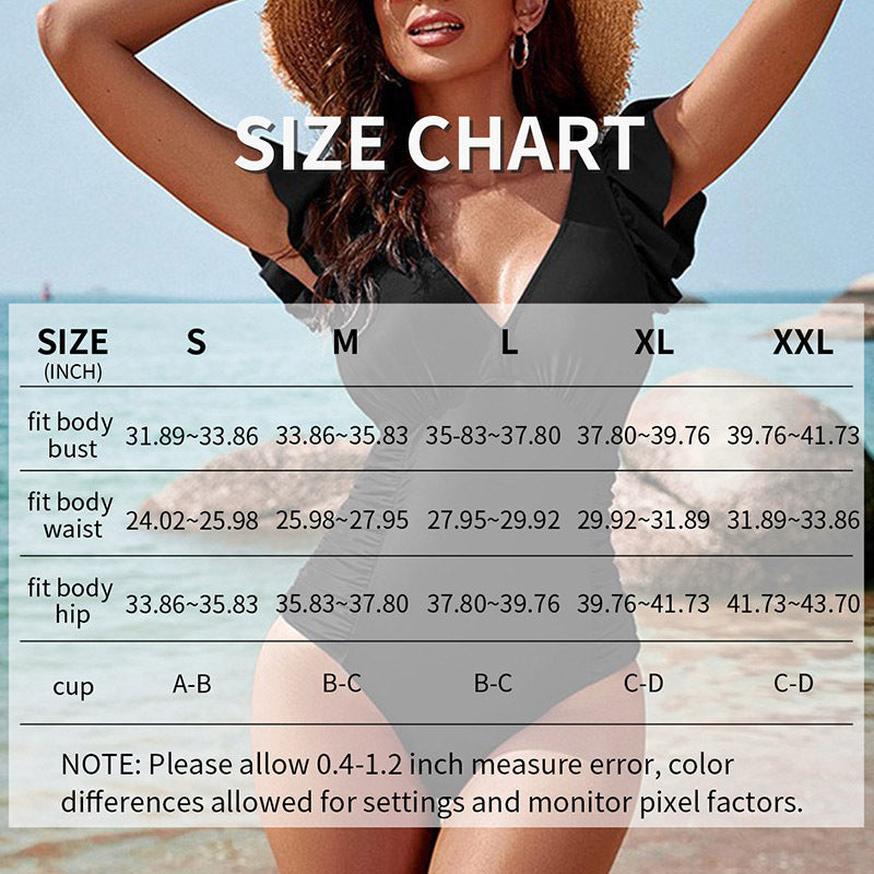 V Neck Ruffle Sleeve Bathing Suit Ruched Tummy Control One Piece Swimsuits