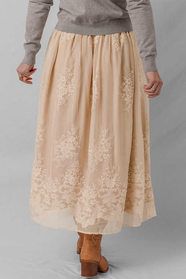 Embroidered Mesh Overlay Flowy Long Skirt