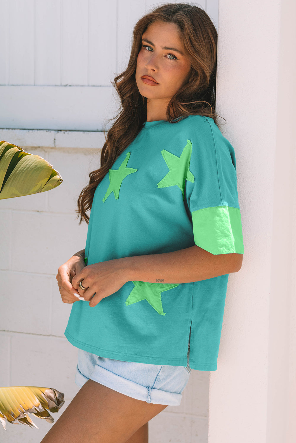 Frayed Denim Star Patched Oversize T Shirt
