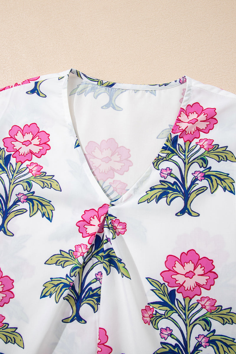 Floral Colorblock Stripe Knot Bubble Sleeve V Neck Blouse