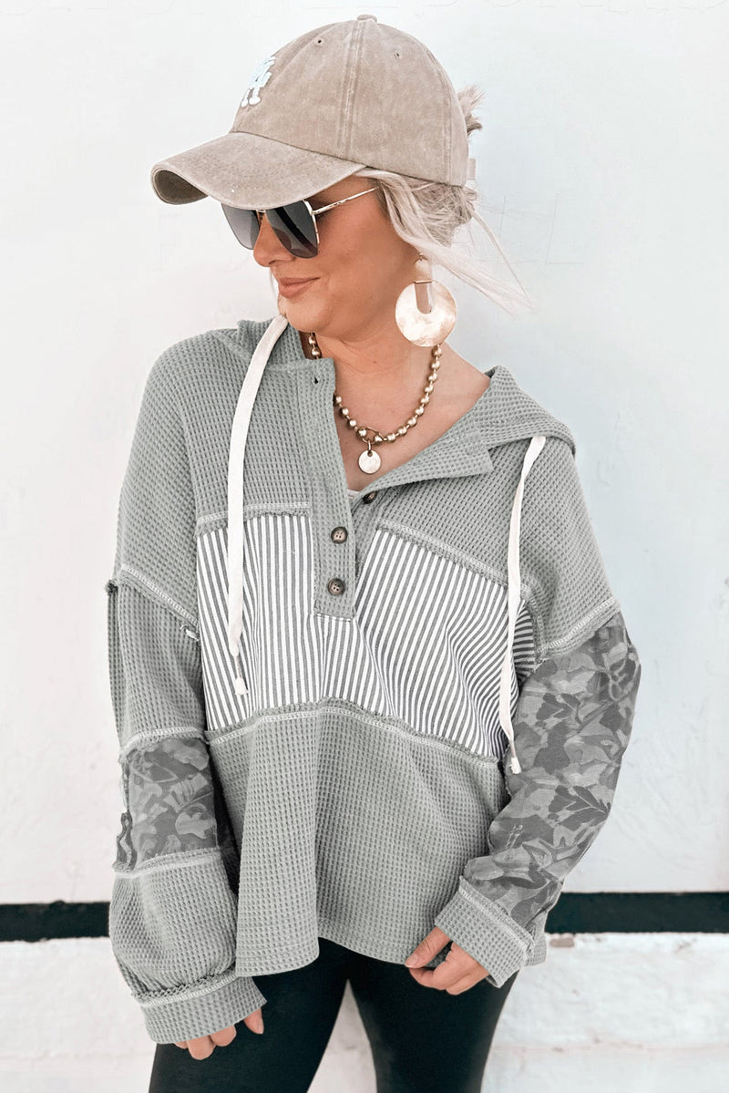 Waffle Printed Patchwork Drawstring Hooded Long Sleeve Top