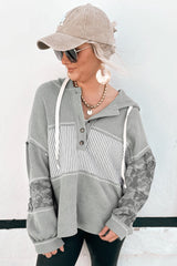 Waffle Printed Patchwork Drawstring Hooded Long Sleeve Top