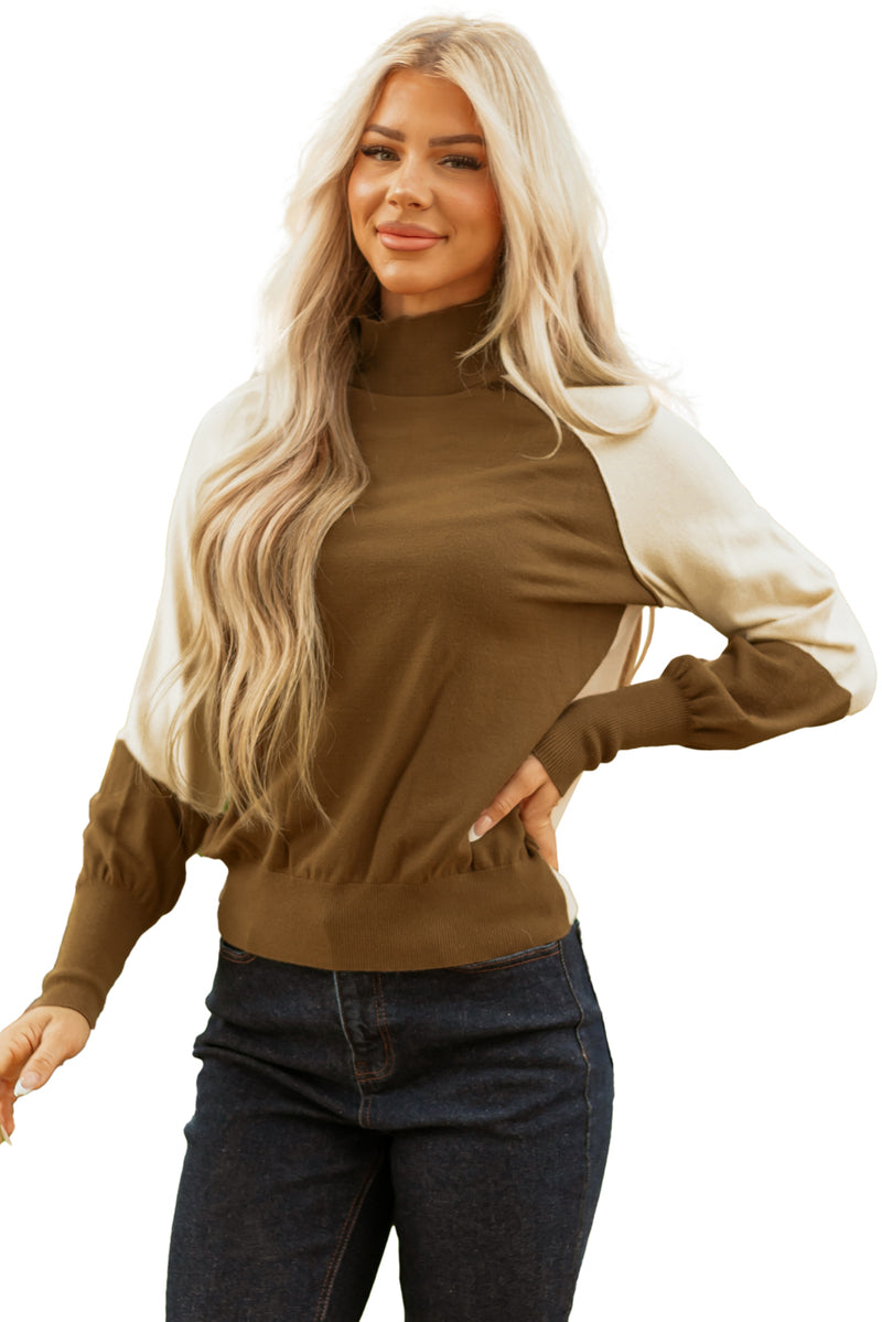 Brown Color block Raglan Puff Sleeve Mock Neck Sweater
