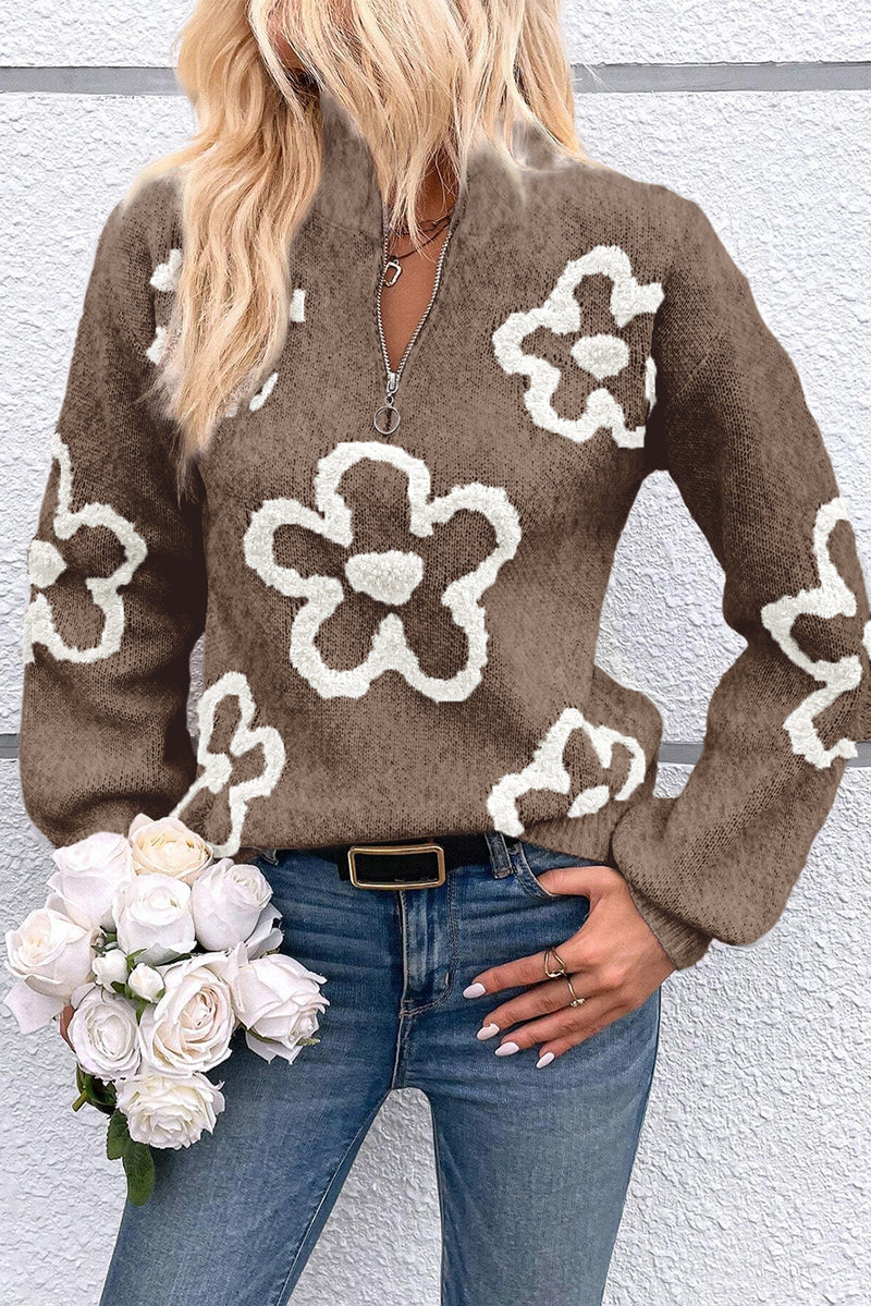 Solid Contrast Flower Half Zipper Stand Neck Sweater