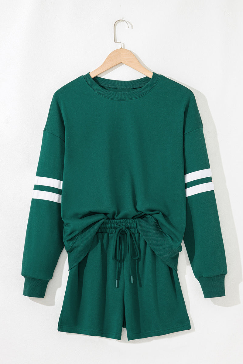 Solid Varsity Striped Sleeve Drop Shoulder Sweatshirt and Short Set