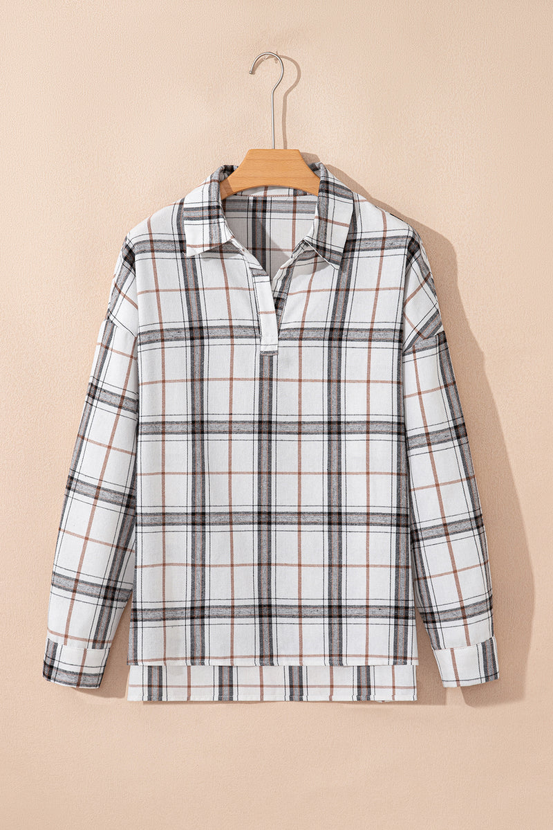 Plaid Print Collared V Neck Loose Blouse with Side Slits