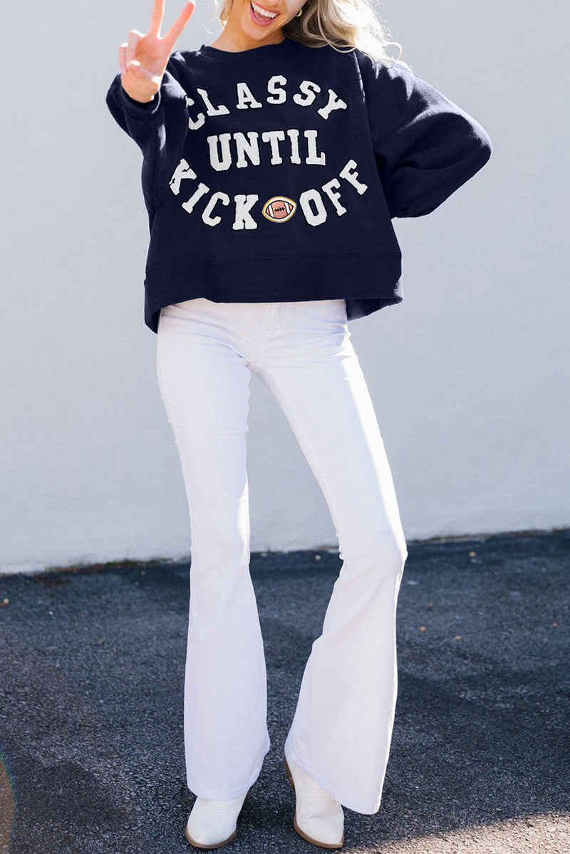 CLASSY UNTIL KICKOFF Plush Letter Patched Loose Sweatshirt
