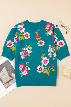 Teal Flower Pattern Mock Neck Short Sleeve Knitted T Shirt