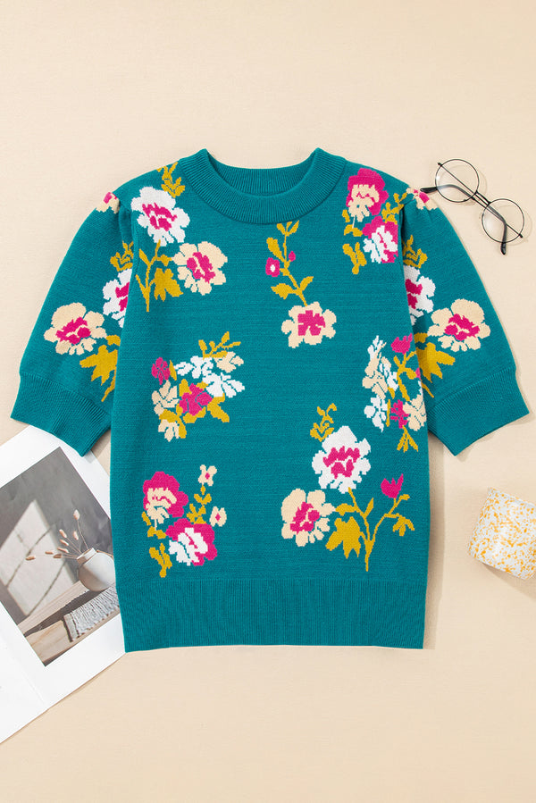 Teal Flower Pattern Mock Neck Short Sleeve Knitted T Shirt