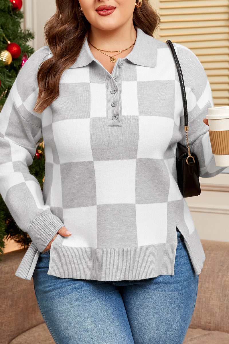 Plus Size Checkered Pattern Button Polo Collar Split Sweater