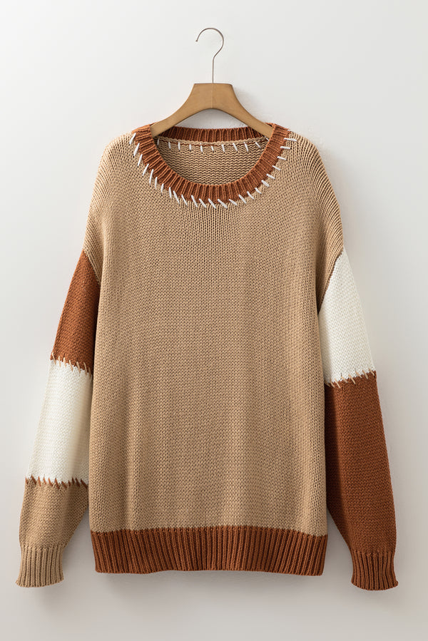 Contrast Stitch Detail Color Block Knitted Plus Size Sweater