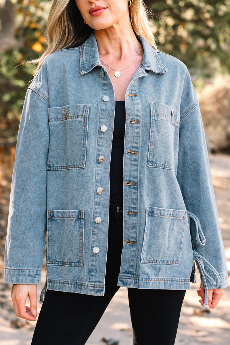 Multi Patched Pockets Side Tie up Boyfriend Style Denim Jacket