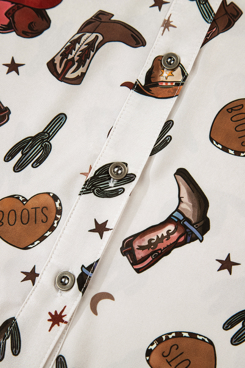 Western Fashion Print Button Up Casual Shirt