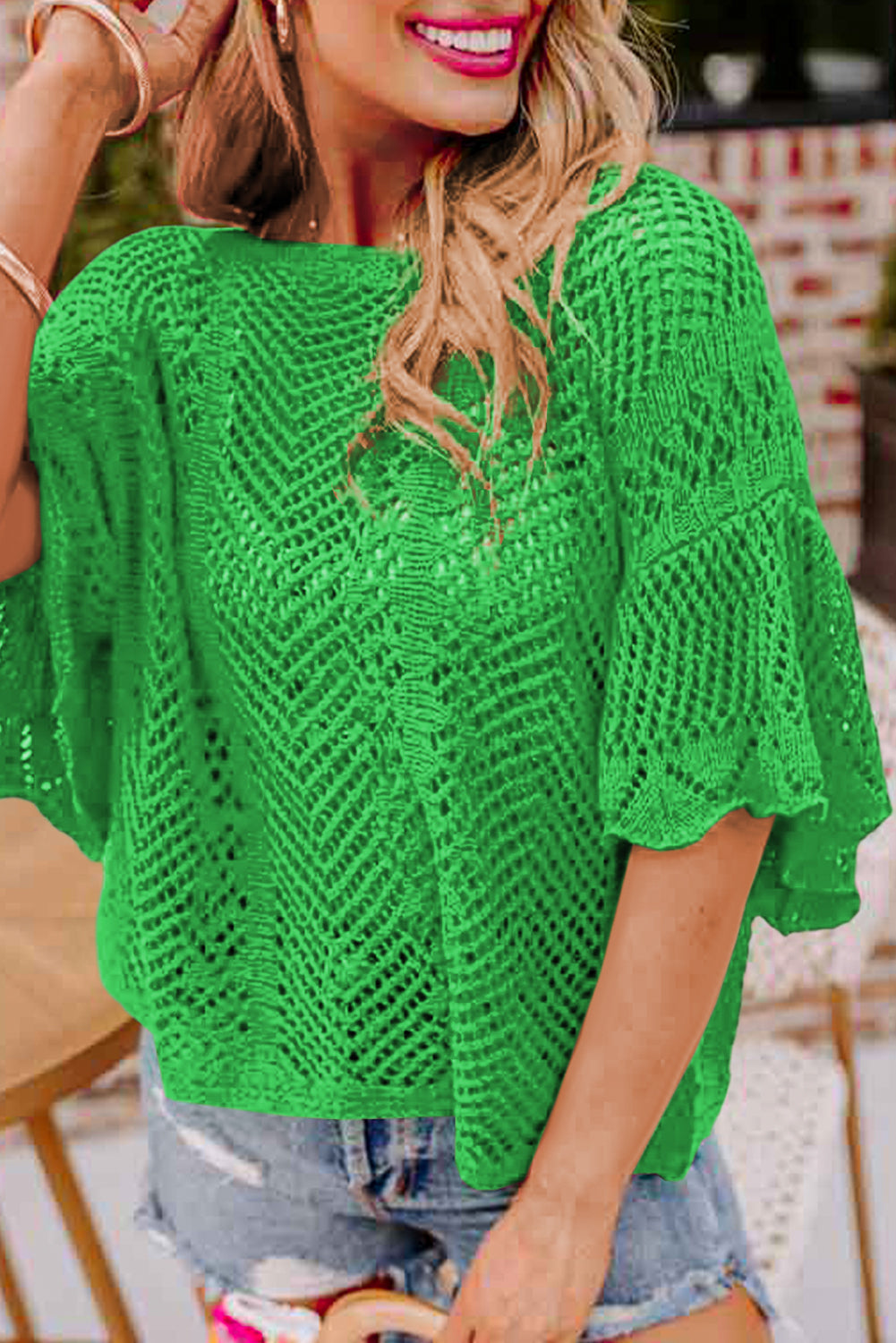 Solid Pointelle Knit Scallop Edge Short Sleeve Top