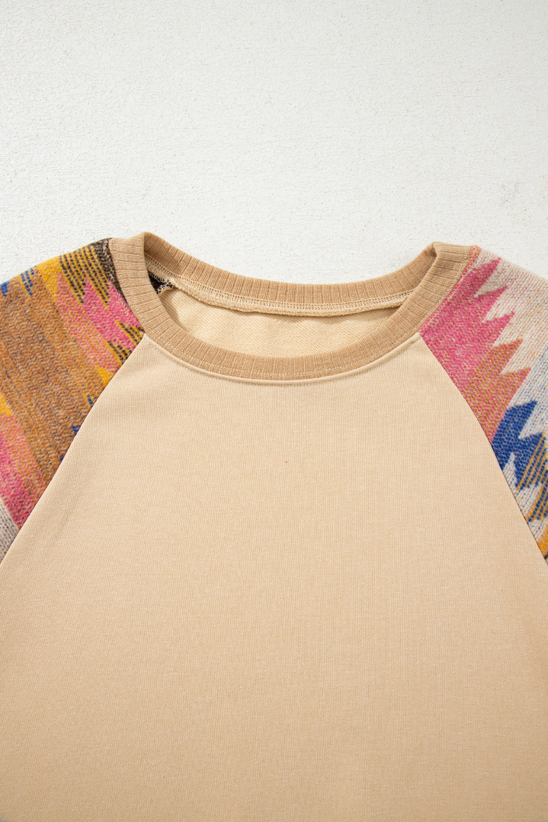 Light French Aztec Patchwork Raglan Pullover Sweatshirt