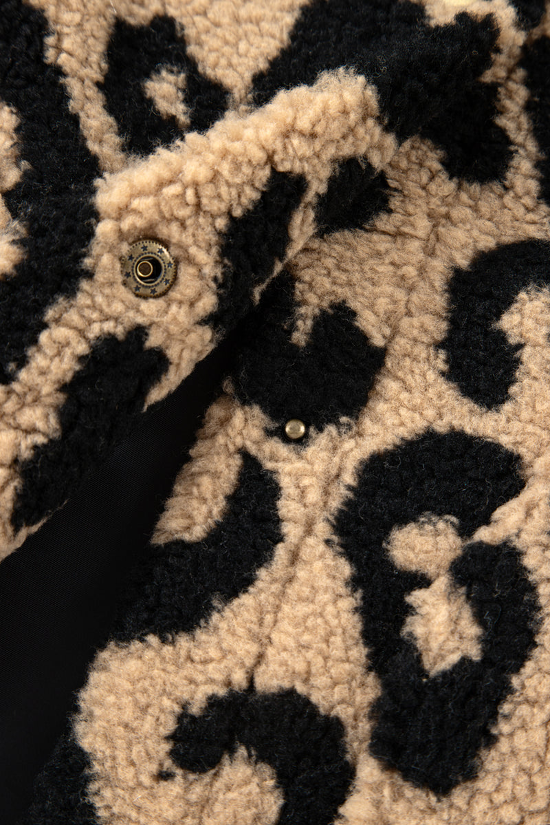 Leopard Sherpa Button Front Collared Plus Size Vest Jacket