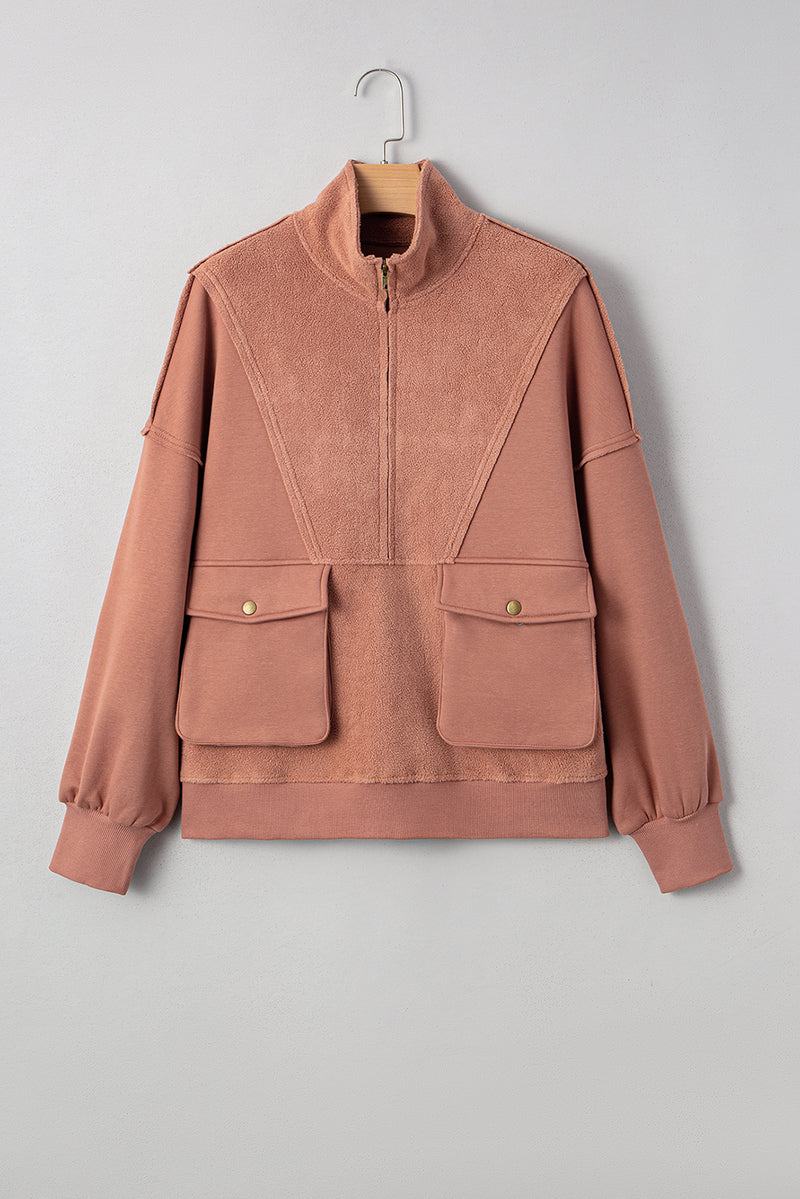 Exposed Seam Side Pockets Half Zipper Baggy Sweatshirt