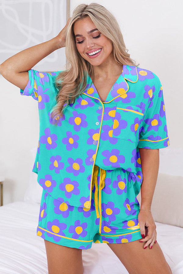 Cute Flower Print Short Sleeve Shirt Pajamas Set