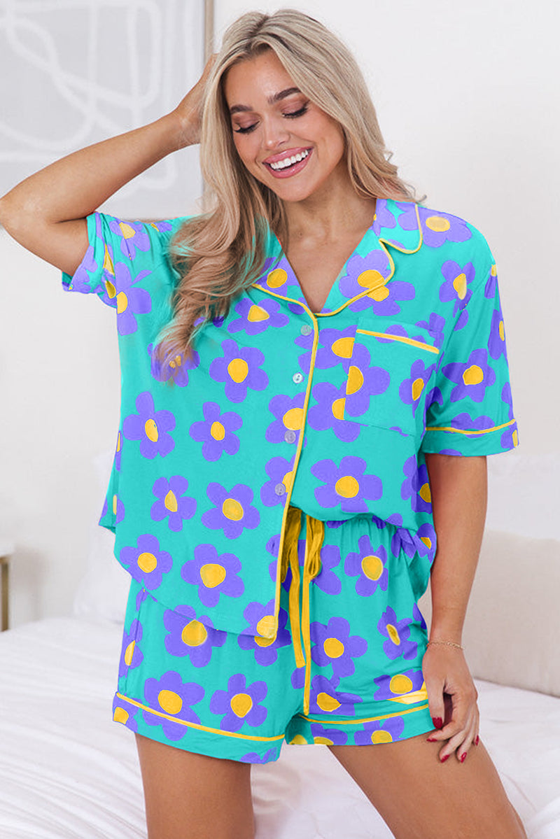 Cute Flower Print Short Sleeve Shirt Pajamas Set