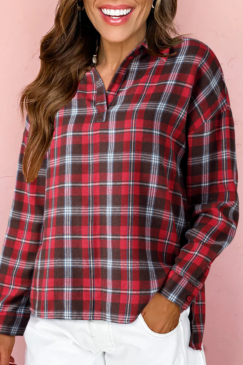 Plaid Print Collared V Neck Loose Blouse with Side Slits