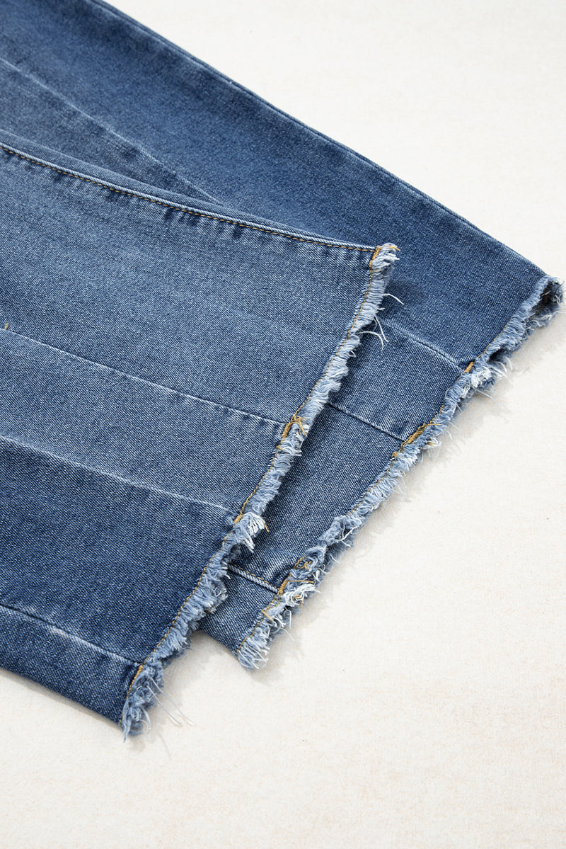 Stitched Raw Hem Wide Leg Loose Jeans
