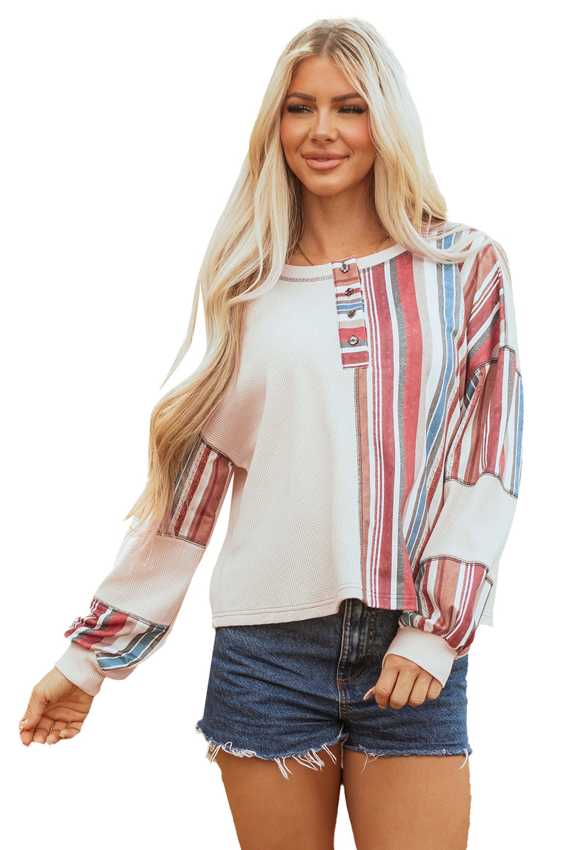 Striped Waffle Patchwork Exposed Seam Raw Edge Casual Knit Top