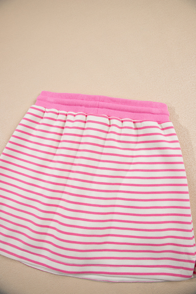Stripe Collared V Neck Drop Shoulder Pullover and Skort 2pcs Outfit