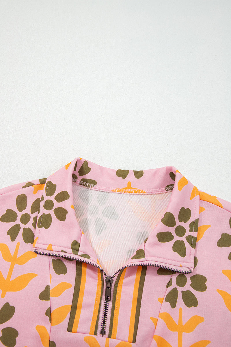 Floral Print Zip Neck Striped Patchwork Long Sleeve Drawstring Dress