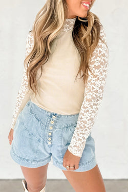 Solid Floral Lace Patchwork Long Sleeve High Neck Slim Top