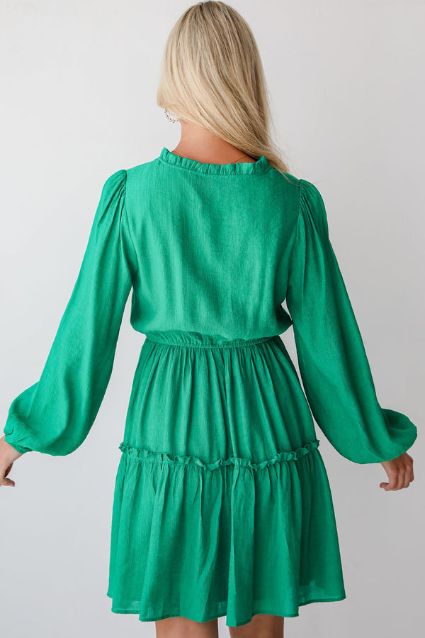 Frilly V Neck Puff Sleeve Drawstring Shift Mini Dress