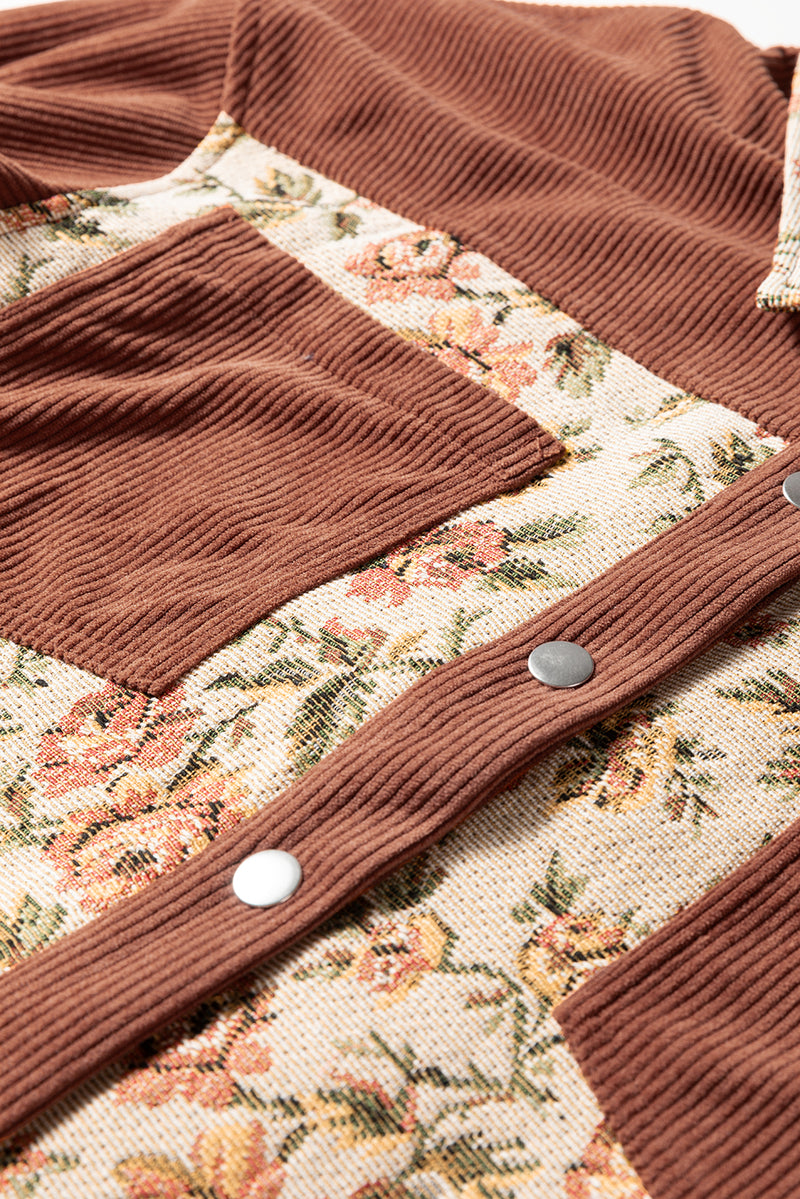 Brown Ribbed Retro Floral Patchwork Shirt Style Jacket