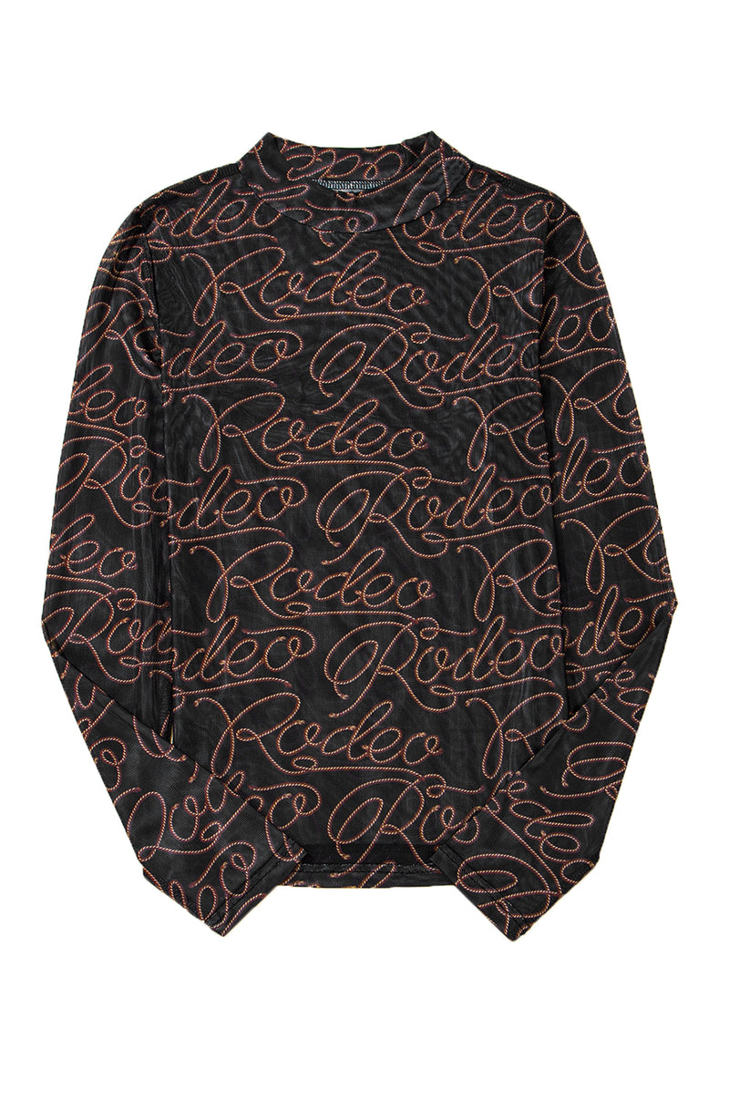 Western Rodeo Printed Mock Neck Long Sleeve Mesh Top