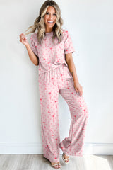 Bow Knot Polka Dot Print Short Sleeve Top Lounge Set