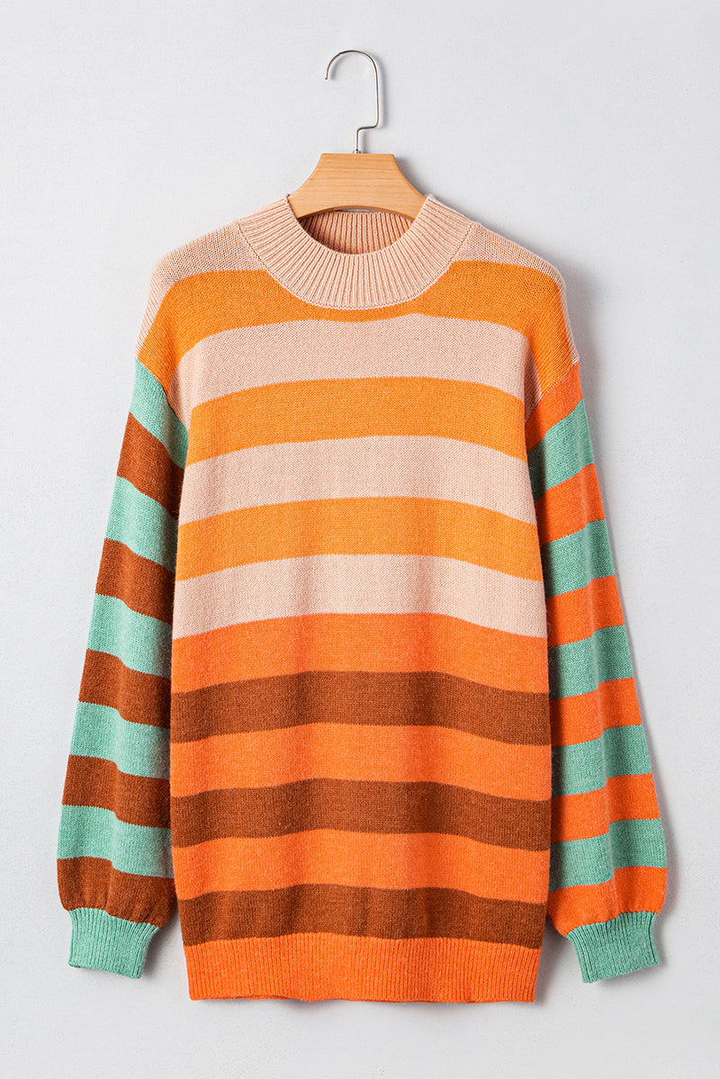 Stripe Color Block High Neck Drop Shoulder Cozy Sweater