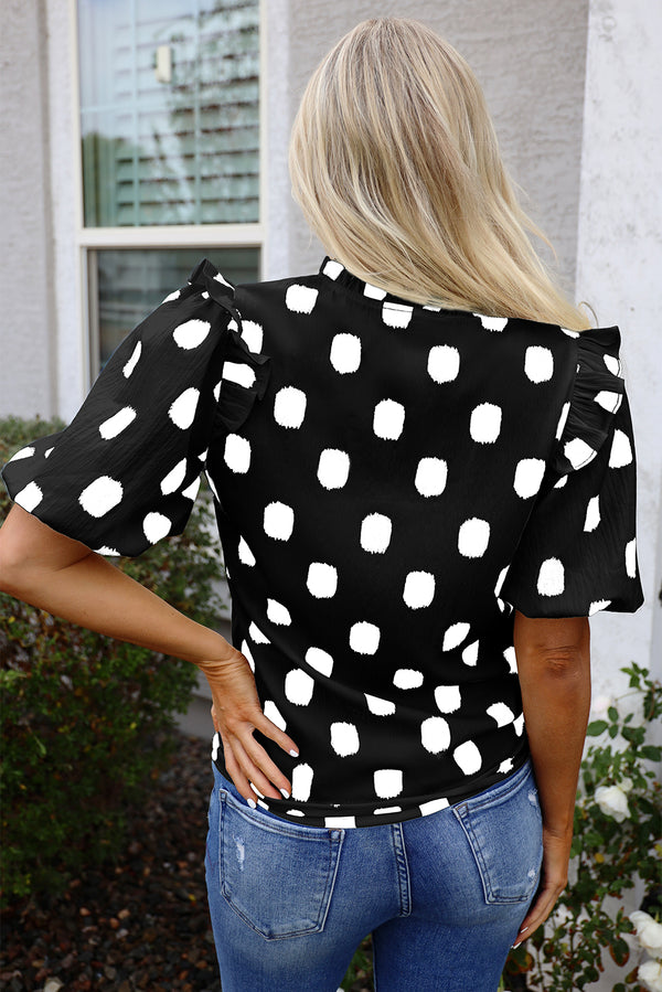 Polka Dot Print Shirred Yoke Notched Neck Balloon Sleeve Blouse