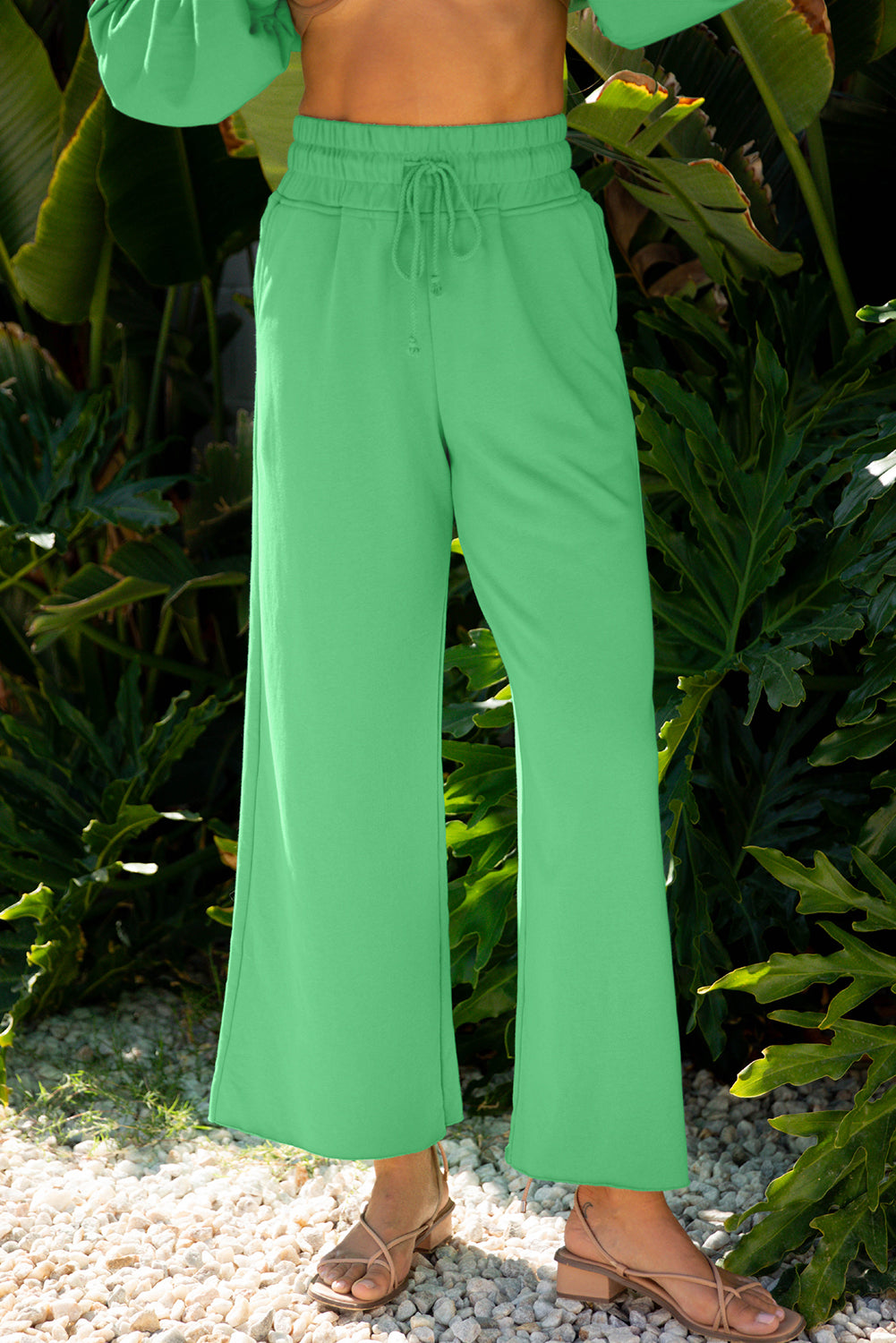 Drop Shoulder Puff Sleeve Crop Pullover Drawstring Wide Leg Pants Set