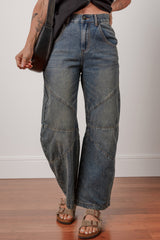 Exposed Stitching Loose Straight High Waist Jeans
