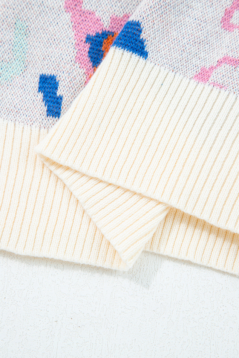 Multicolour Abstract Pattern Knit Contrast Striped Trim Short Sleeve Sweater