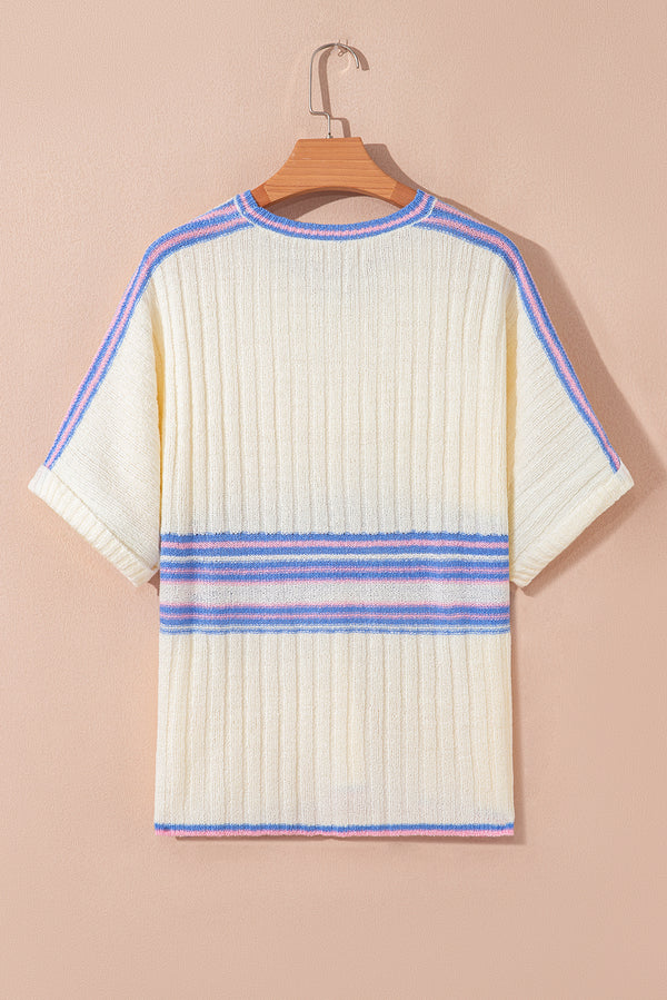 Striped V Neck Dolman Sleeve Rib Knit Oversized Sweater with Slits