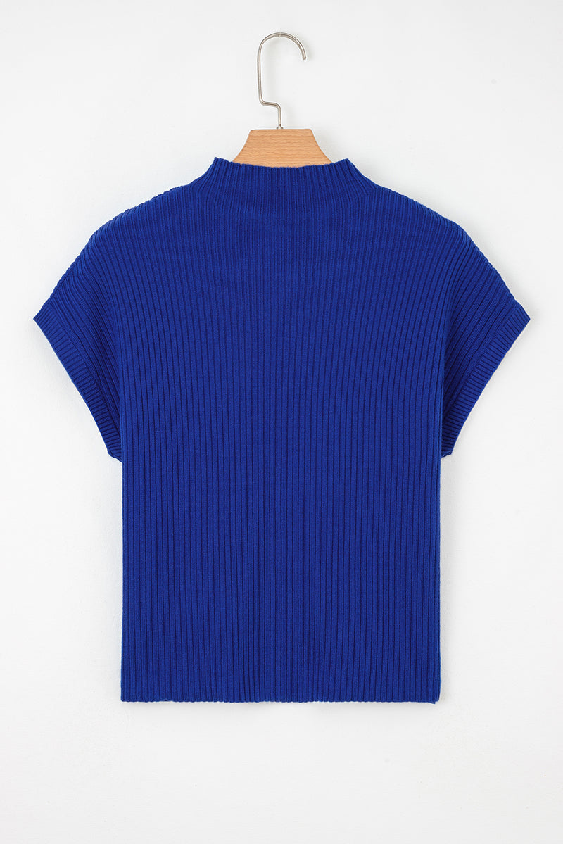 Patch Pocket Ribbed Knit Short Sleeve Sweater