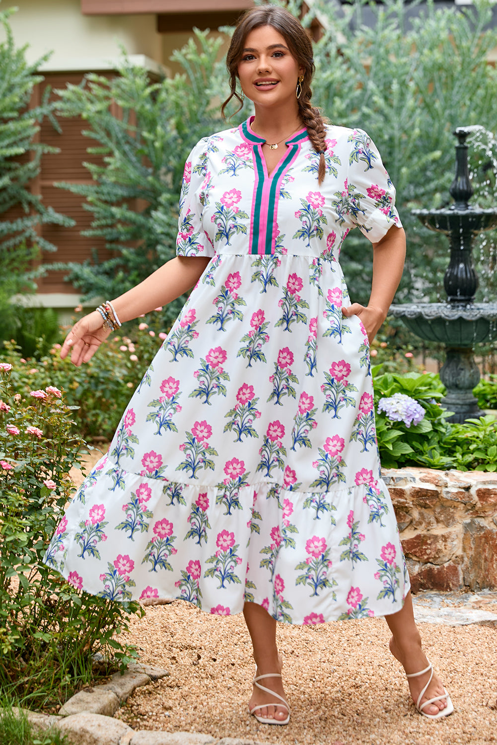 Allover Print Contrast Split Neckline Short Puff Sleeve Curvy Dress