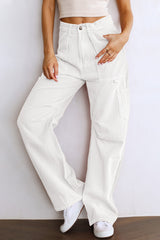High Waist Straight Leg Cargo Pants with Pockets